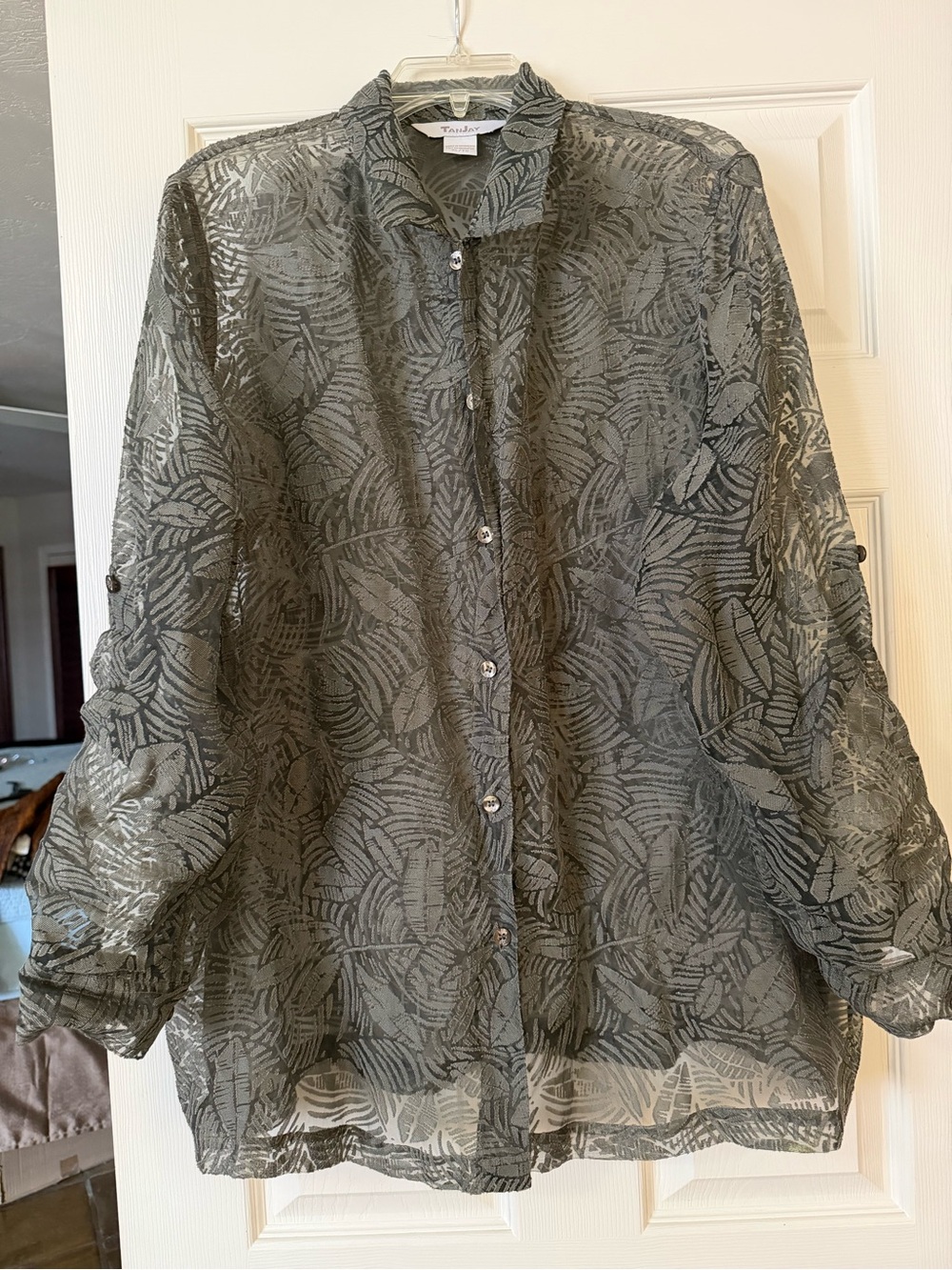 Tan Jay Olive Sheer Leaf-Print Button Down Shirt